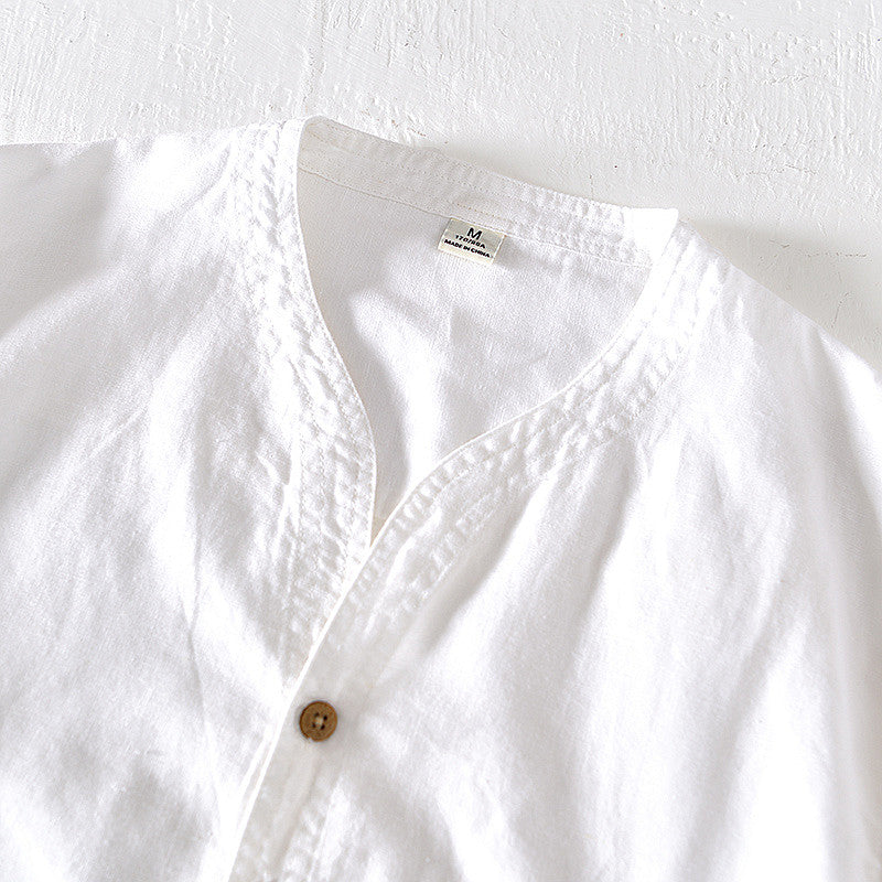 Cotton Linen Stand Collar Solid Color Short Sleeved Shirt