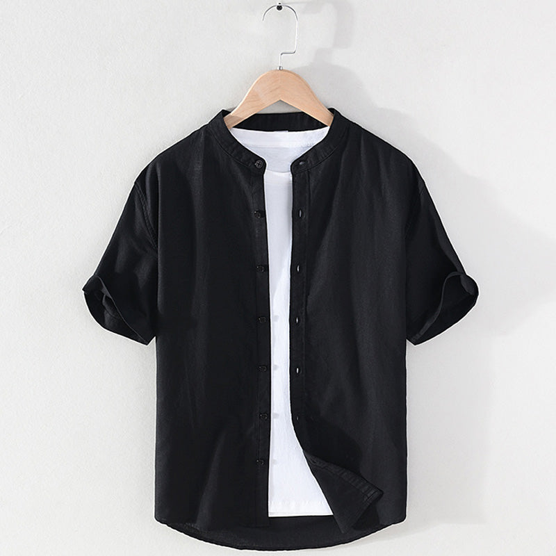 Cotton Linen Breathable Stand Collar Short Sleeved Shirt