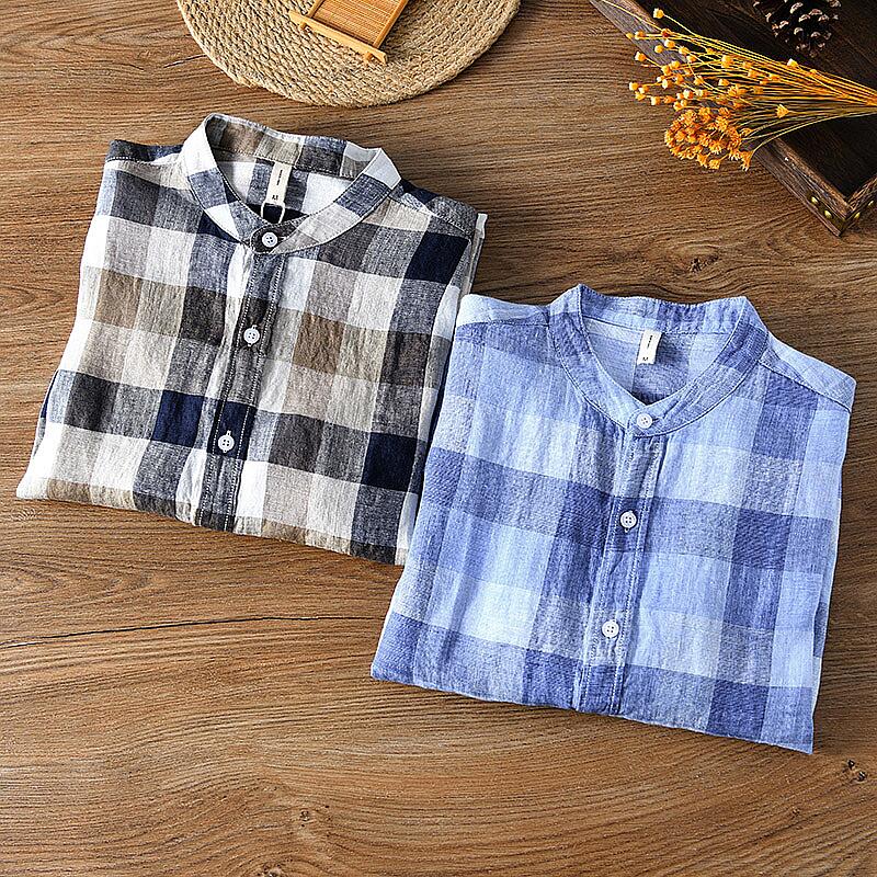 Pure Linen Check Print Long Sleeve Shirt