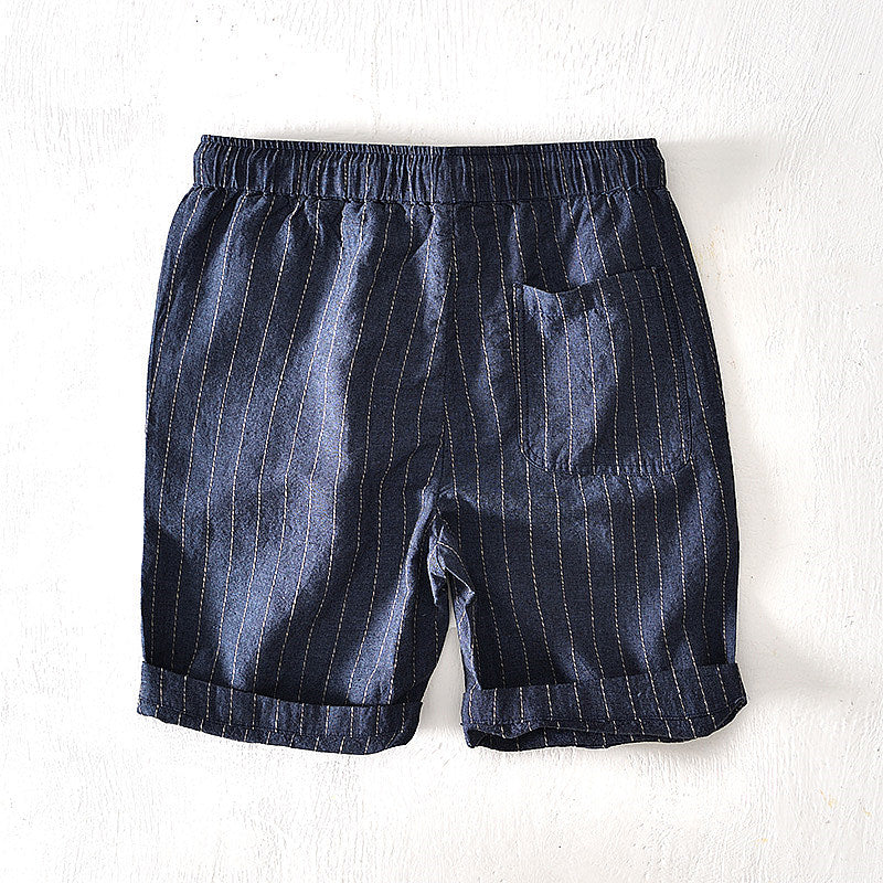 Cotton Linen Striped Drawstring Shorts