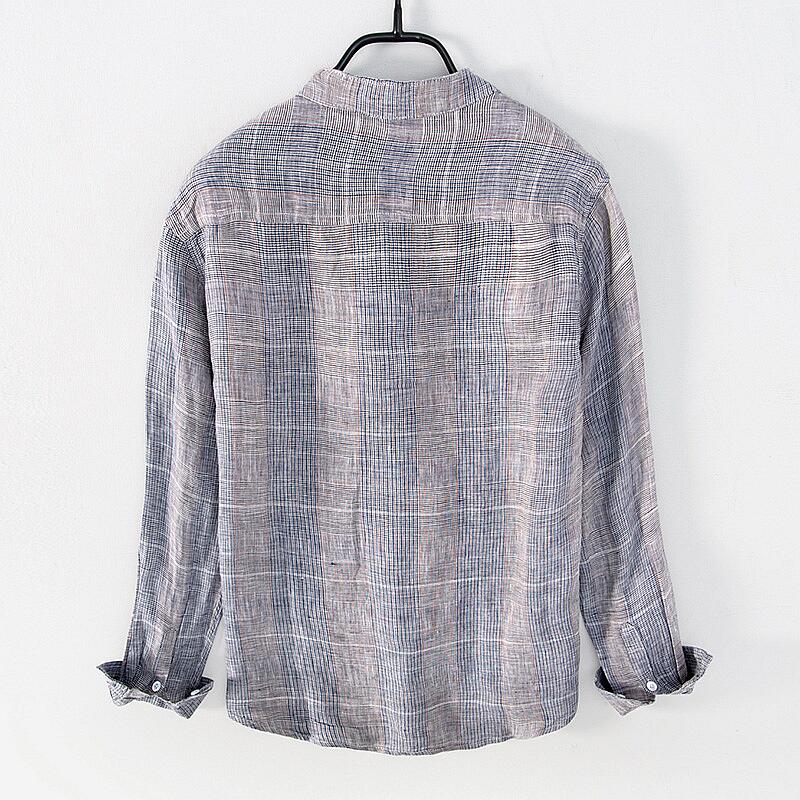 Pure Linen Stand Collar Striped Long Sleeve Shirt