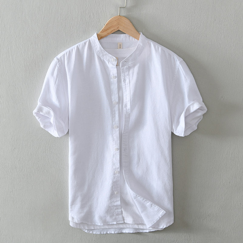 Cotton Linen Breathable Stand Collar Short Sleeved Shirt