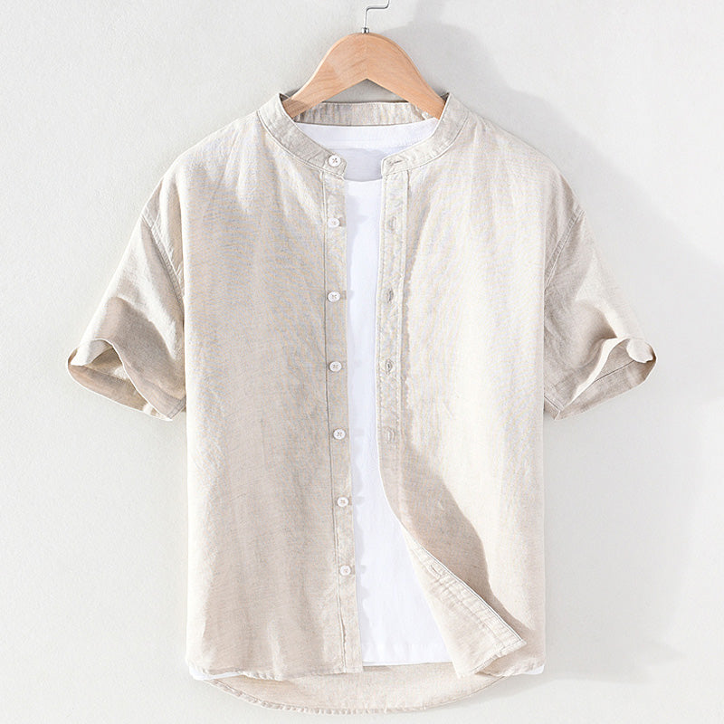 Cotton Linen Breathable Stand Collar Short Sleeved Shirt