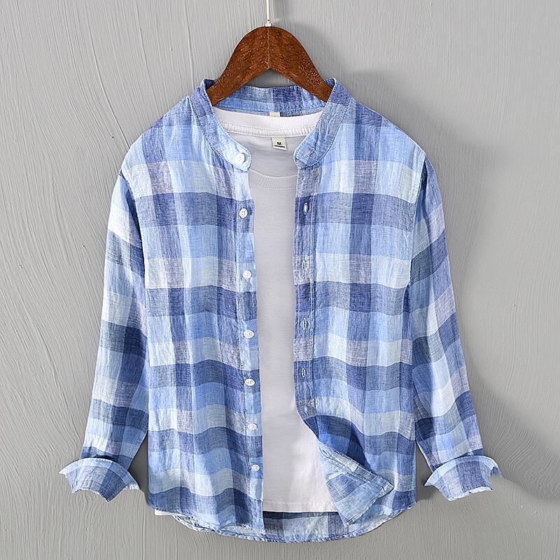 Pure Linen Check Print Long Sleeve Shirt