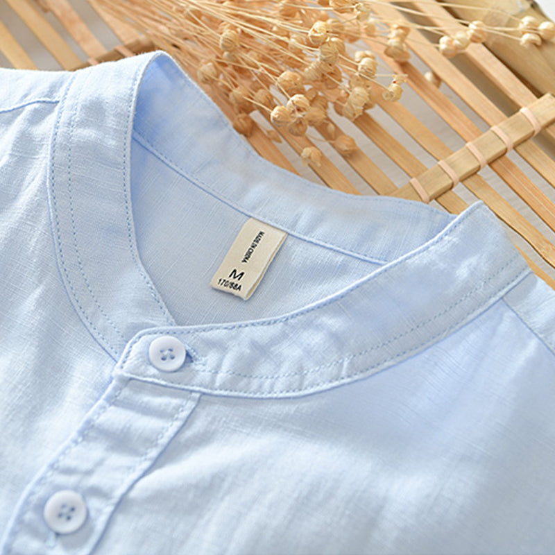 Cotton Linen Breathable Stand Collar Short Sleeved Shirt