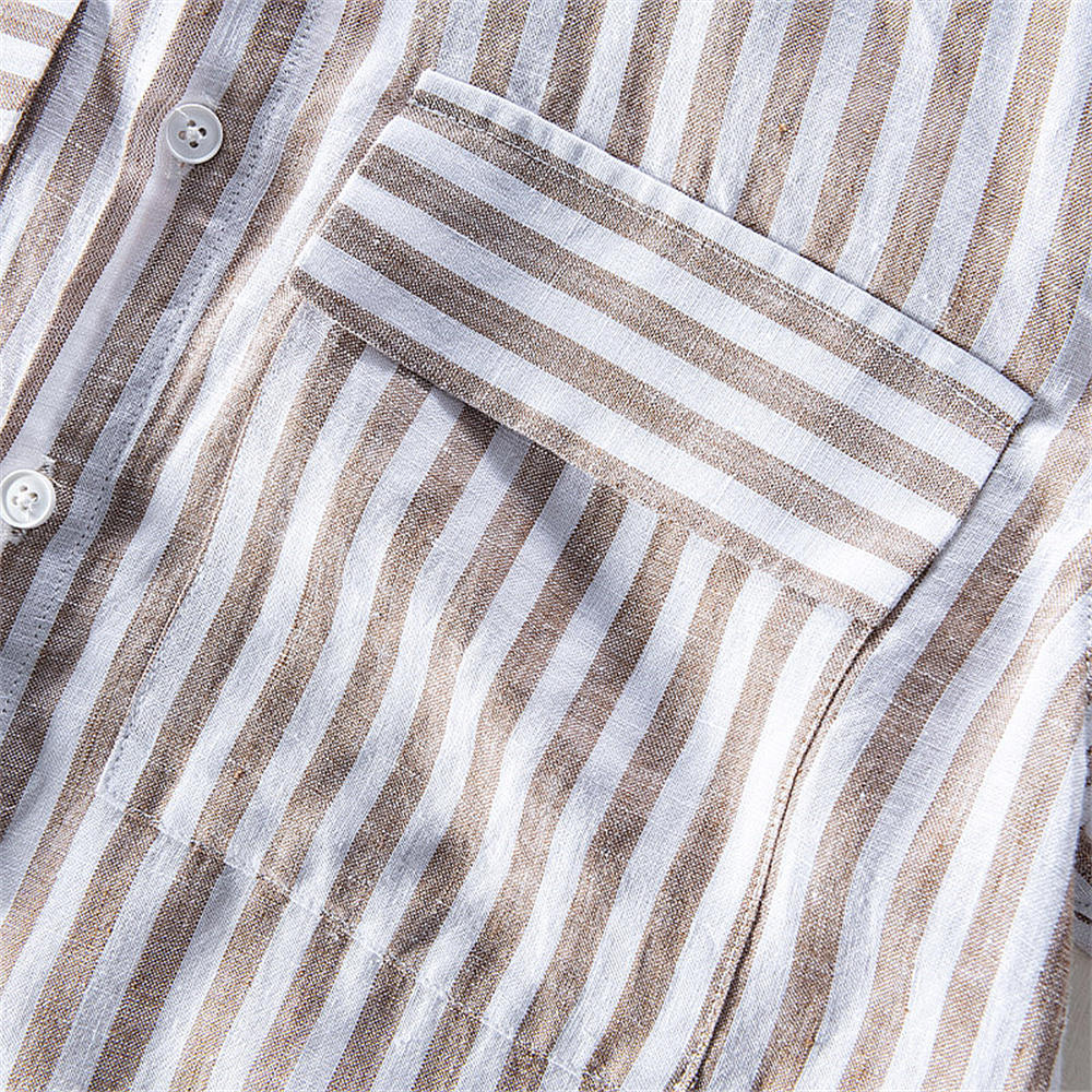 Pure Linen Striped Pocket Casual Long Sleeve Shirt