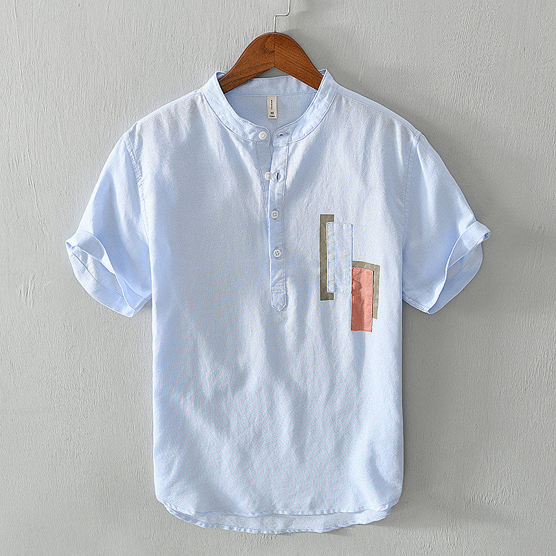 Cotton Linen Fresh Stand Collar Short Sleeve Shirt