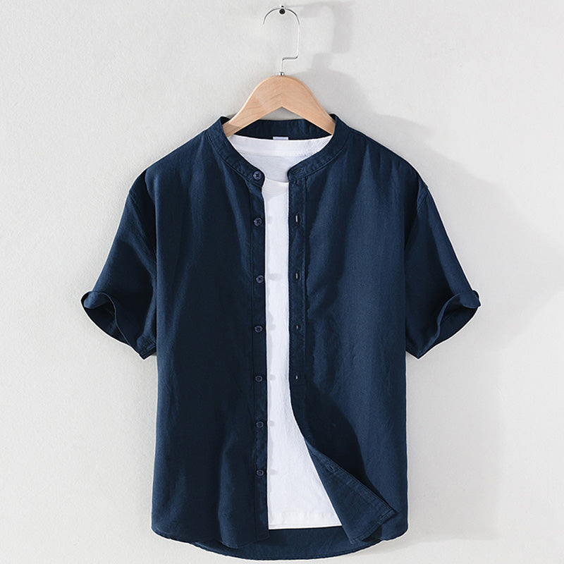 Cotton Linen Breathable Stand Collar Short Sleeved Shirt