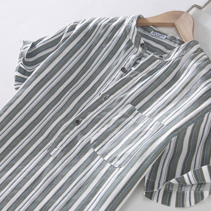 Pure Linen Stand Collar Striped Short Sleeve Shirt